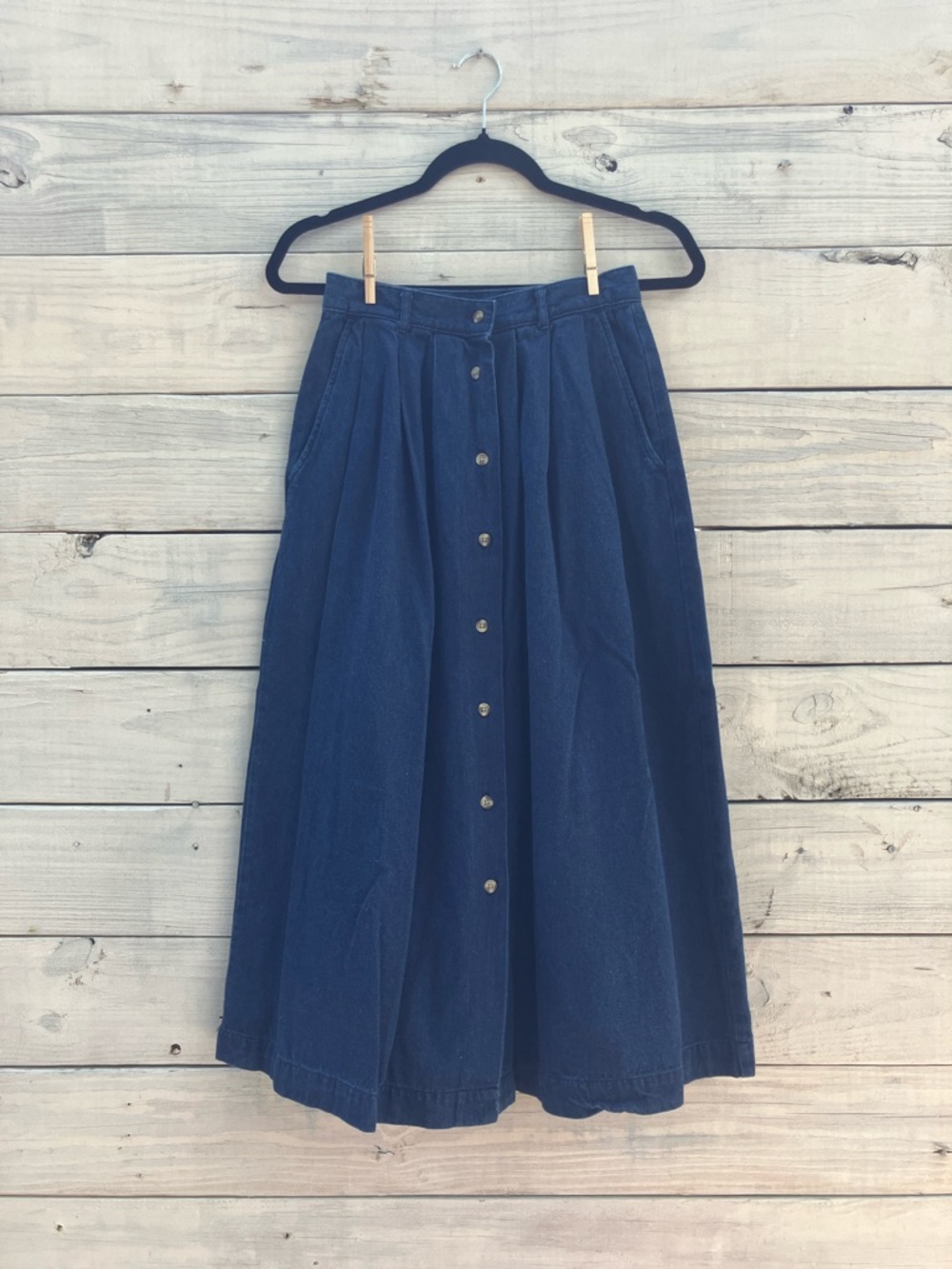 Vintage Eddie Bauer High Waist Pleated Denim Blue Button-Down Skirt Size 4